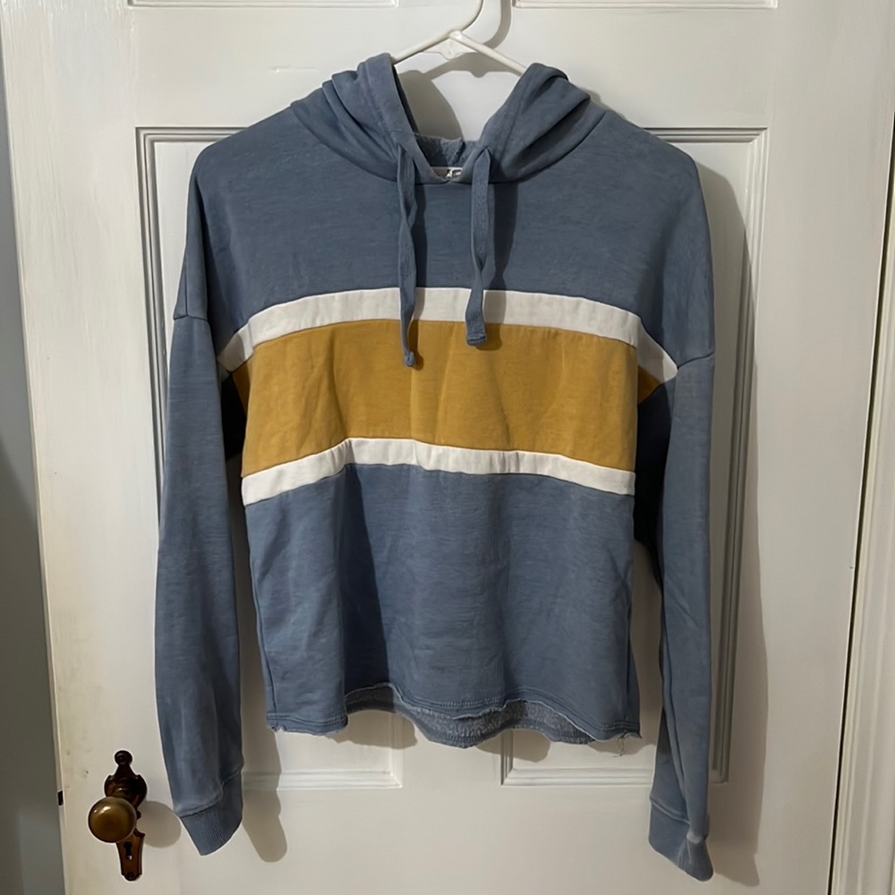 lightweight blue and yellow hoodie distressed edges